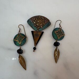 Artisan Sun Face Brooch Earrings Set Brass Verigris Boho Southwest